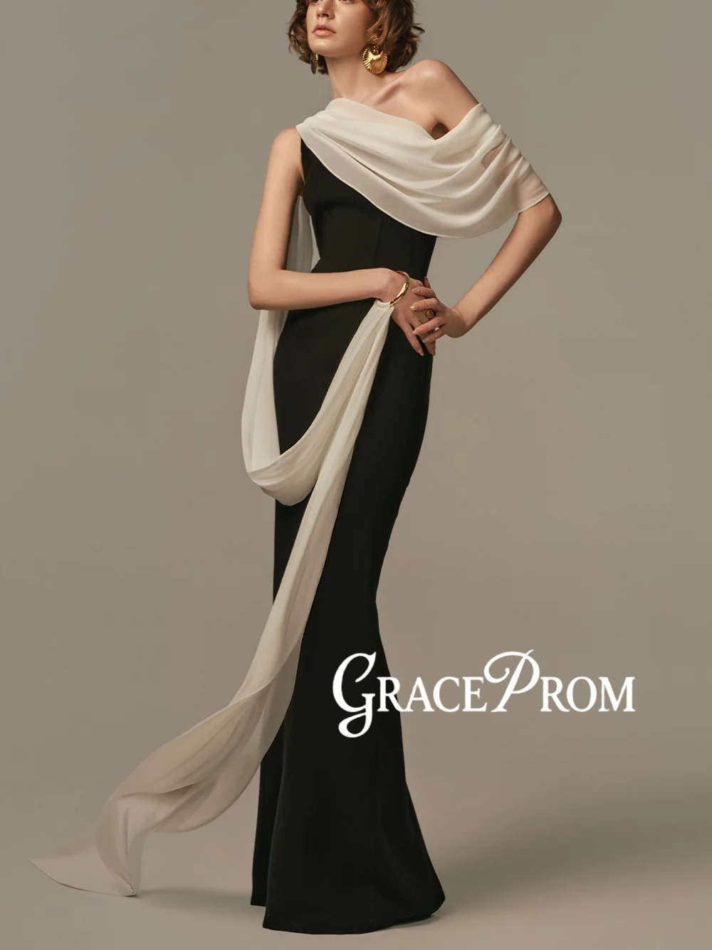Formal Gala Wear Women - Elegantes zweifarbiges Abendkleid, schlichtes, schulterfreies, drapiertes,