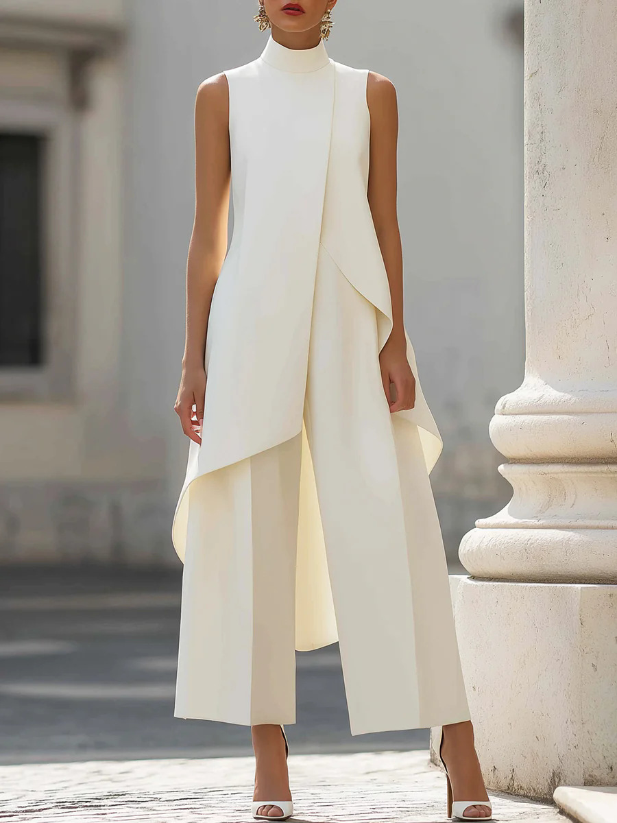 Women'S Formal Wear With Pants - Damen Zweiteiler in Unifarbe Ärmelloses Hochgeschlossenes
